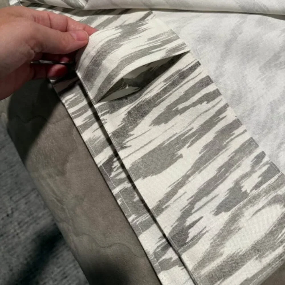 2 West Elm Grey/White 48W x 90L Cotton Canvas Ikat Woograin Curtain Panels
